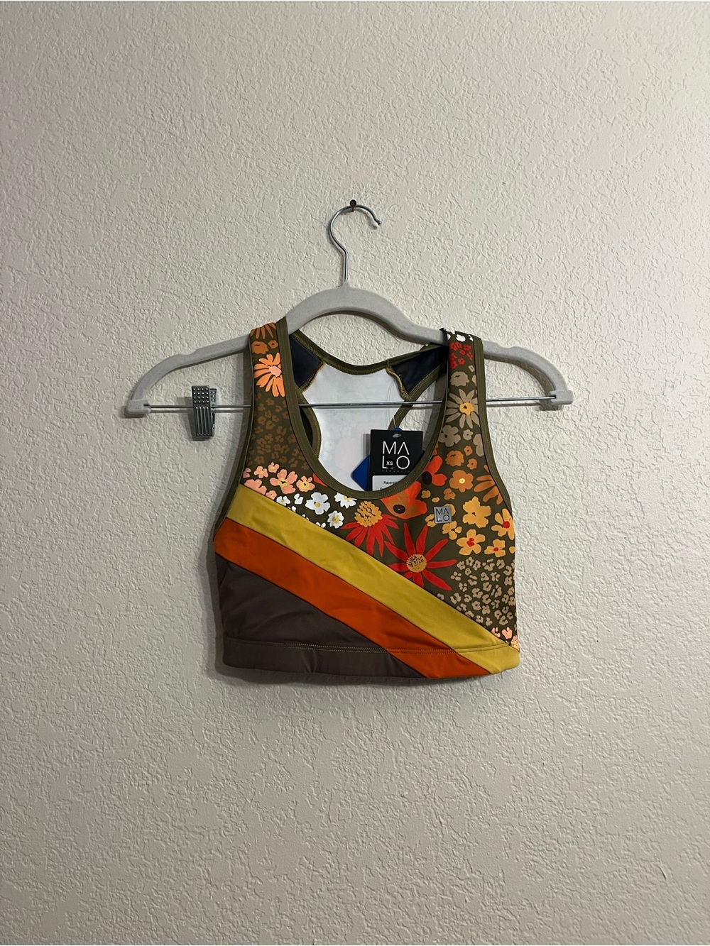 Malo Floral Stripe Racerback Sports Bra in Olive Green, Orange & Yellow